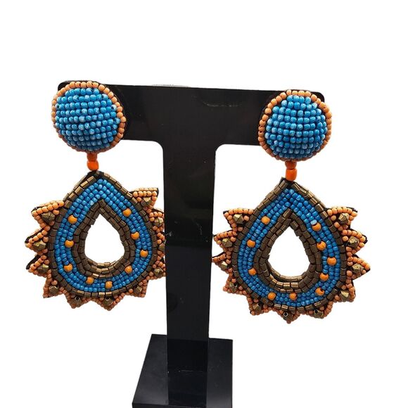 Artisan Like Earrings Intricate Bead Work Statement Colorful Reversible Fashion - Picture 2 of 5
